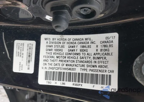 2017 Honda Civic Lx z USA, uszkodzony, nr VIN 2HGFC2F51HH546301